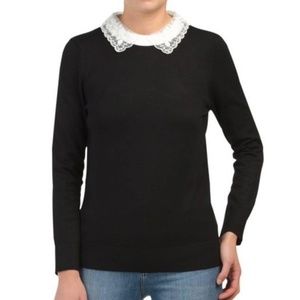 NWOT Cable & Gauge-Black Peter Pan style Knit Sweater with lace collar